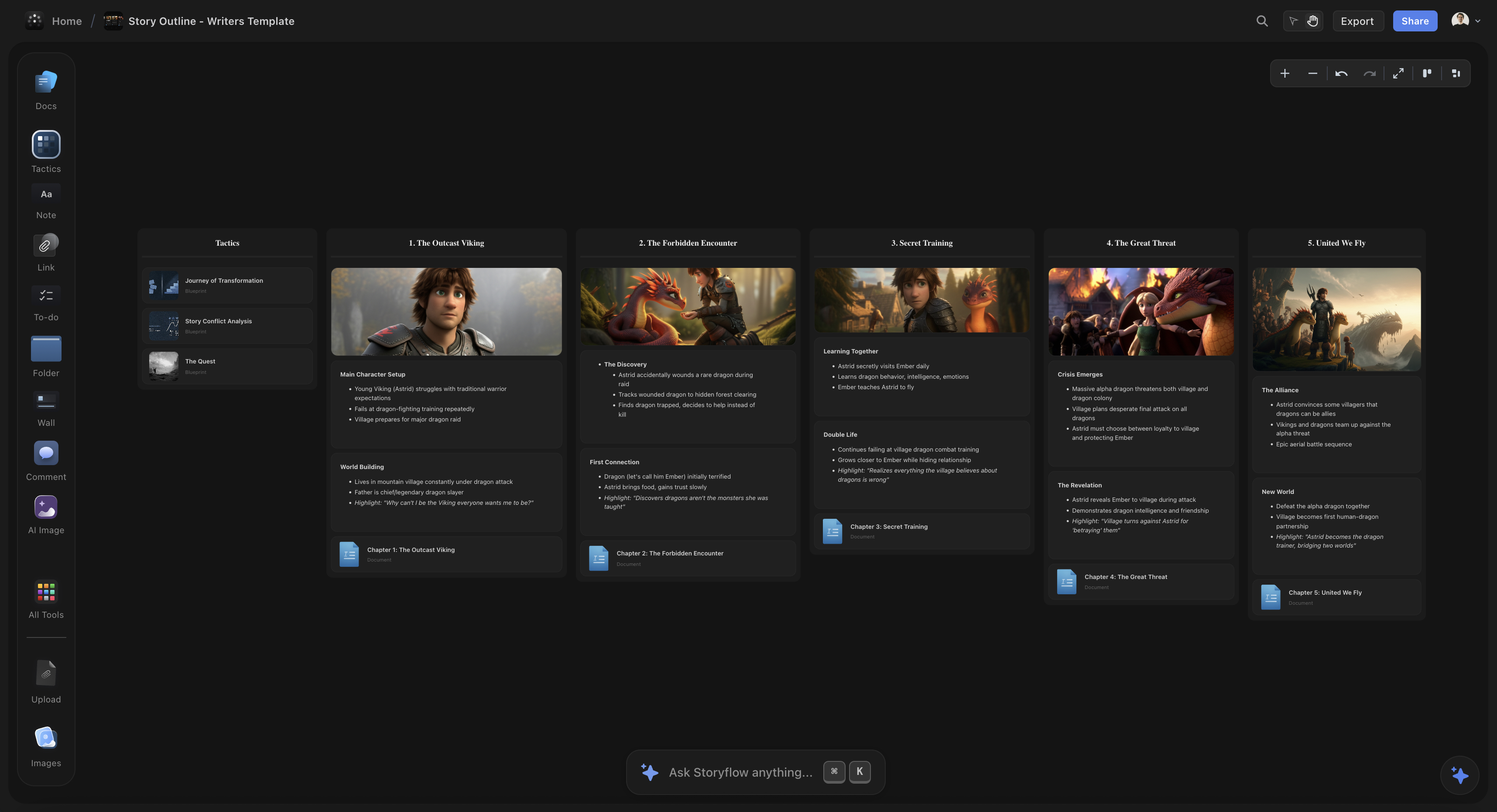 Documentary structure mapped visually with clips connected to Hero's Journey narrative beats